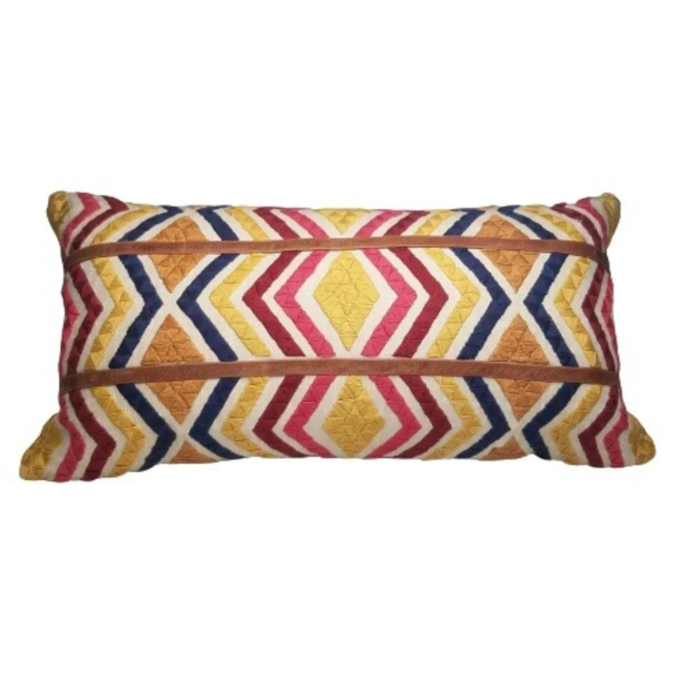 Villa Multicolor Embroidered Leather Applique Lumbar Pillow 15x27 Boho Geometric